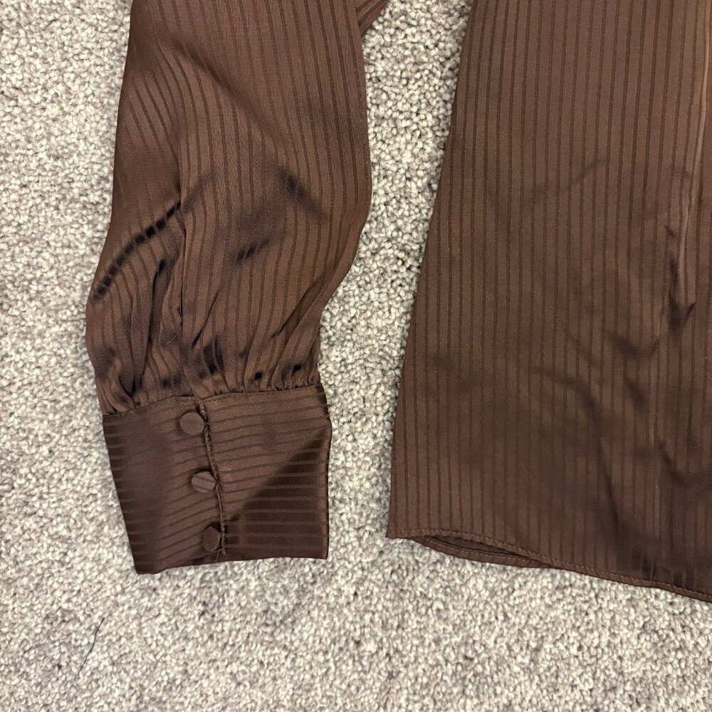 Express Women's Satin Top Size XS Brown Striped V-Neck Cuff Sleeve NWT $58 - Picture 7 of 15